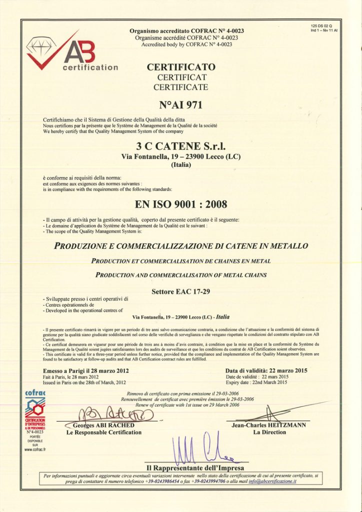 3C Catene - Certificato SQ 2012 2